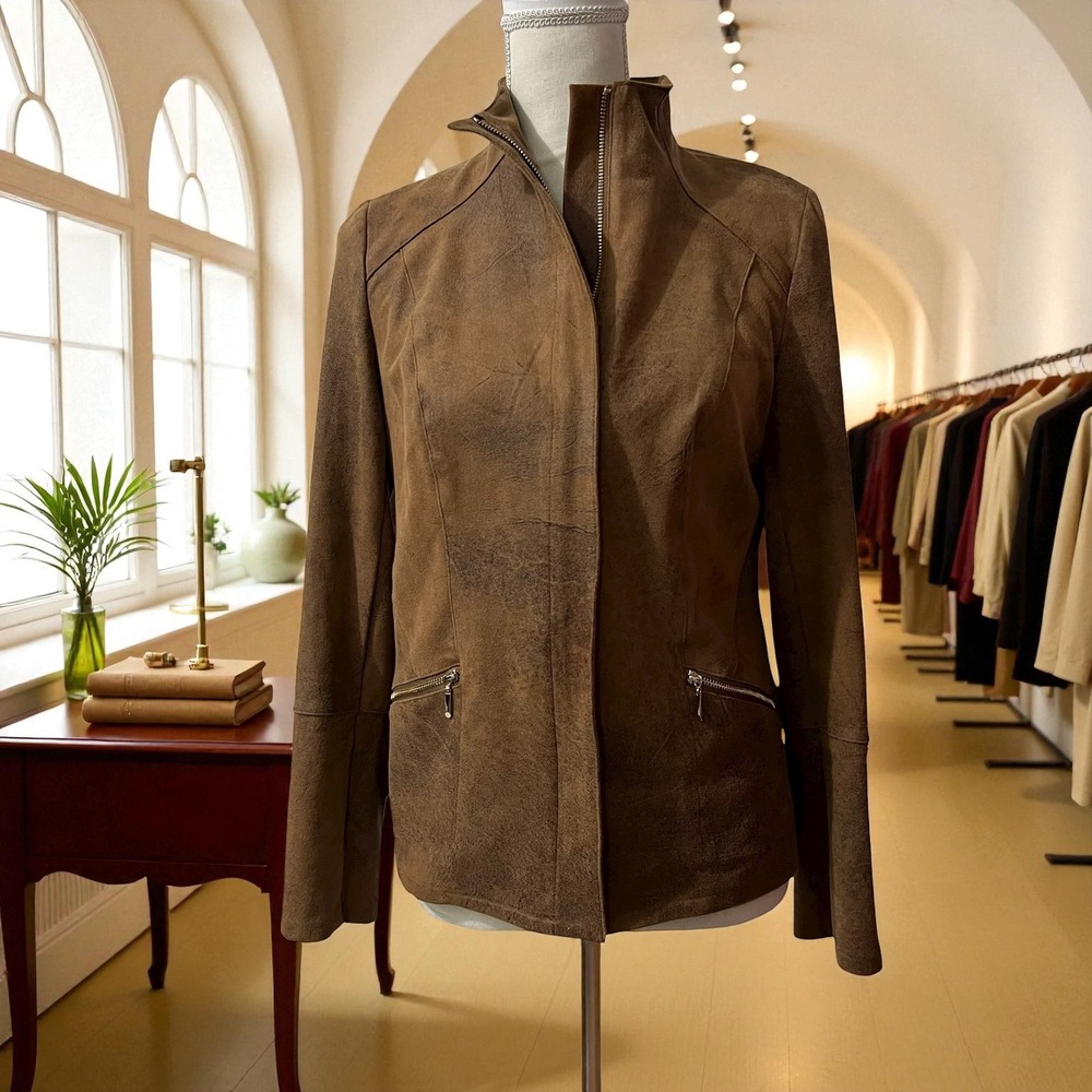Chicos Brown Faux Suede Moto Jacket Zip Front Lace Cuff Womens Size 2